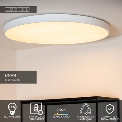 Lucide UNAR - Plafonnier - Ø 80 cm - LED 3 StepDim - 1x80W 2700K - Blanc